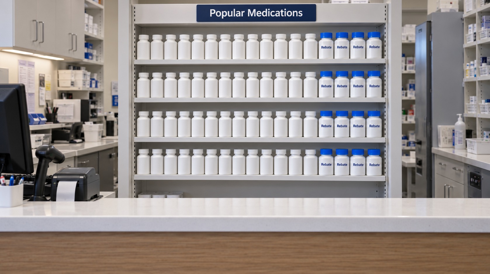 Prescription bottles behind a pharmacy counter, with Rebate labels only on the blue-capped bottles.